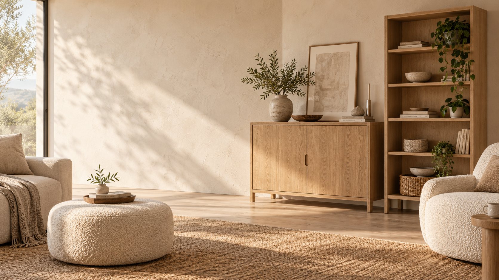 Warm living room with furniture storage